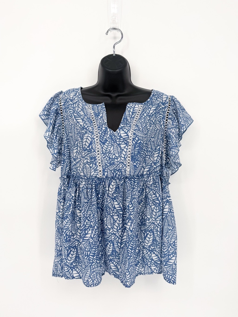 ☀️ 3/$25 Robert Louis Floral Leaf Print Peplum Top Crochet Accent Small